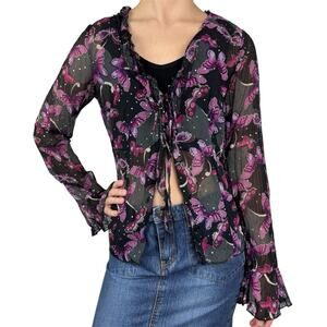 Vintage Y2K Whimsigoth Fairy Grunge Sheer Bell Sleeve Butterfly Top Blk/Purple M